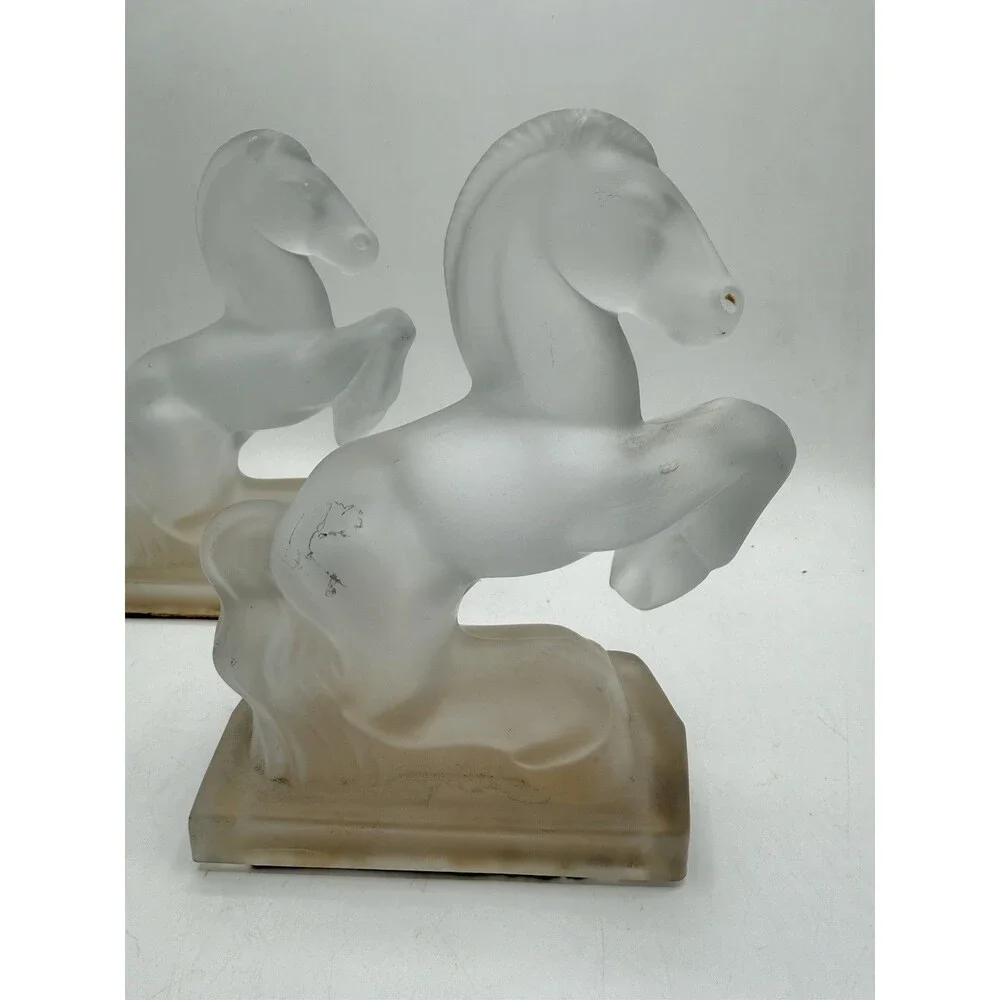 Vintage Frosted Glass Rearing Horse Bookends Art Deco Pair 8